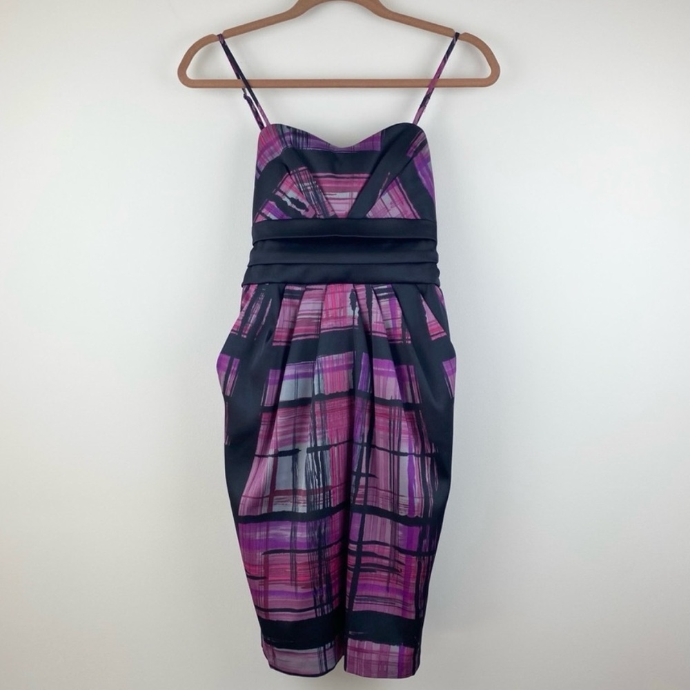 BCX Strapless Plaid Dress in Purple and Black with pockets sz 7
